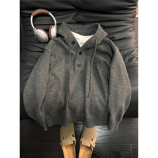 Si Yan Internet celebrity Douyin dark gray Henry collar hooded sweater for men autumn and winter American lazy style sweater half cardigan coat dark gray upgraded version L 120-140Jin Jin equals 0.5 kg