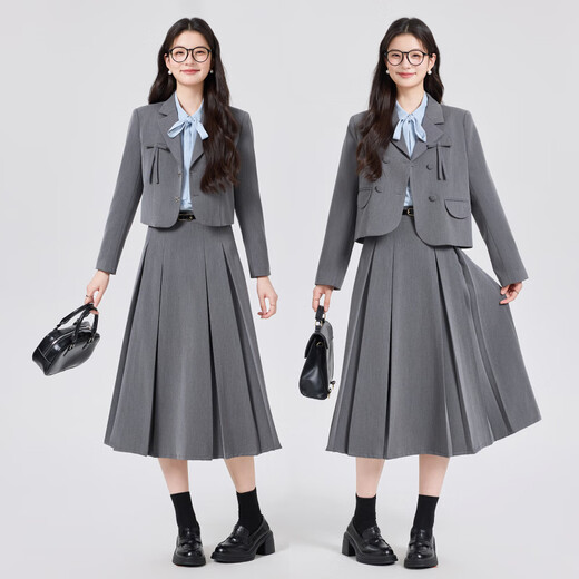 Age-reducing college style formal occasion suit skirt formal college student teaching interview speech defense suit two-piece suit four-button_black suit + blue shirt + skirt_free belt S