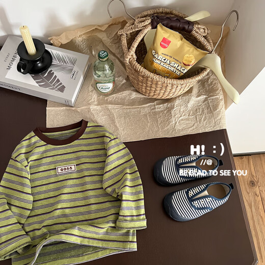Hao Shu children's products in stock Autumn new 2025 fashionable boys versatile Western style striped long-sleeved T-shirt Green 120 60