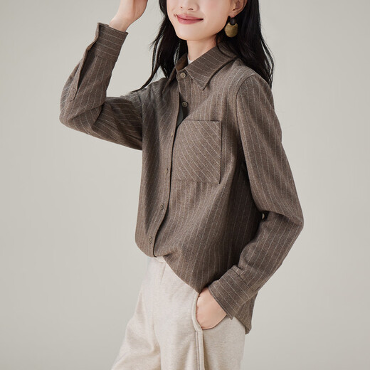 SOFSIL Sheep Wool Striped Shirt 2025 Autumn and Winter Fashionable Commuting Versatile Casual Women's Shirt Top Oatmeal S