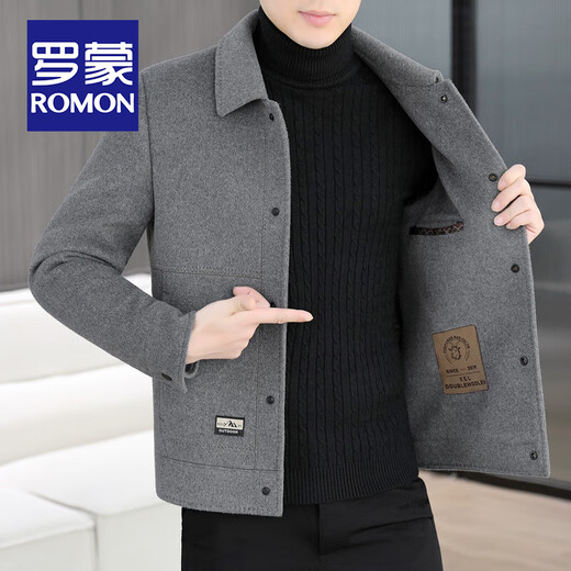 ROMON Double-sided Wool Coat Men's Autumn and Winter Removable Down Liner Woolen Jacket Windproof Warm Nylon Jacket Men's Regular Gray XL Size 180