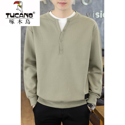 Woodpecker fake two-piece sweatshirt autumn men's Henry collar bottoming shirt 2025 spring and autumn new trendy brand loose long-sleeved T-shirt white M