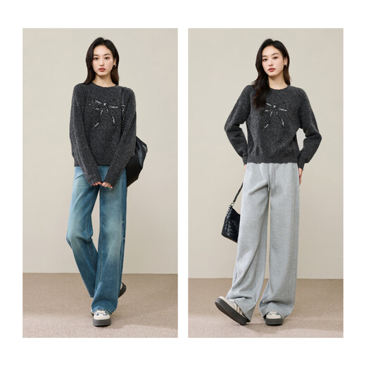 ESE-Y Yiyang Fashion Round Neck Pullover Sweater Women's 2025 Winter New Loose Slim Casual Thickened Bottoming Sweater Gray S