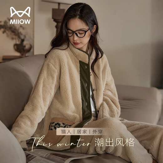 Catman stand-up collar cardigan coral velvet women's pajamas women's winter warm and wearable home wear set 25 years new product