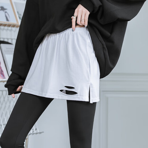 Dahui Butt Curtain Leggings Women's Sweatshirt Small Butt Curtain Shark Pants Leggings with Fake Two Pieces Stacked Wear Hem to Cover Buttocks White - Holes - One Size