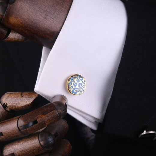 Lieshang cloisonne pattern cufflinks, French shirt cufflinks, men's cufflinks, formal business shirt cufflinks, gold palace enamel blue pattern_cufflinks
