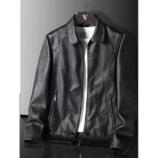Classic car black leather jacket men's spring and autumn casual lapel trendy handsome jacket plus fat plus size fat man winter coat black regular M
