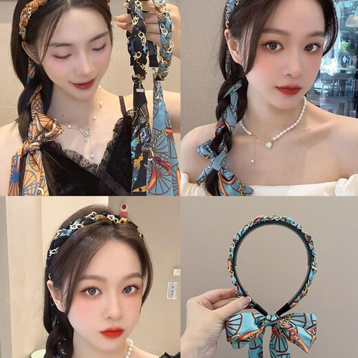 Retro braided hairband for women 2024 streamer hairband hair scarf headband one system summer hairpin headdress blue