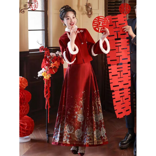 Woodpecker red horse-faced skirt toasting suit bride Chinese wedding dress engagement suit women's autumn and winter new wedding dress skirt (jacket + skirt) suit XL