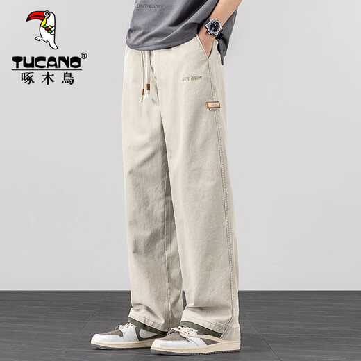 Woodpecker Casual Pants Men's Autumn and Winter Plus Velvet American Cotton Casual Pants Men's Trendy Loose Straight Sports Wide-leg Trousers Khaki XL (Recommended 125-150 Jin Jin equals 0.5 kg)