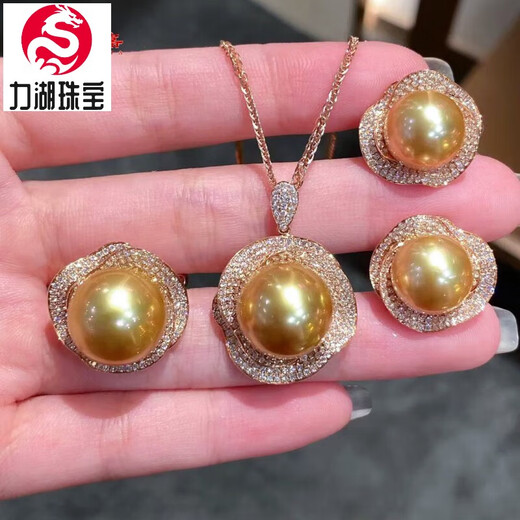 Lihuyang gold pearl full diamond earrings s925 18k gold plated luxury pendant thick gold necklace ring set for women gold pearl ring