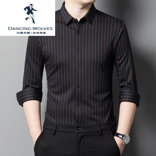 DANCING WOLVES far infrared heating wool shirt men's spring and autumn business casual long-sleeved striped shirt medium blue S 165