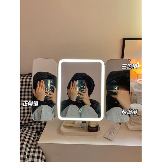 Shell double-door LED makeup mirror with light storage box integrated desktop desktop folding adjustable mirror student plug-in model - monochromatic light