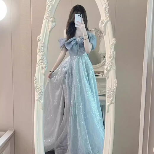 One-shoulder evening dress for women, banquet style, light luxury, niche high-end host, adult ceremony, tutu skirt dress, light blue S