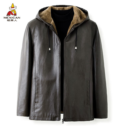 Scarecrow (MEXICAN) autumn and winter middle-aged and elderly leather jacket hooded men's leather jacket large size loose casual dad wear velvet thickened jacket 105 black 3XL 185170-190Jin Jin is equal to 0.5 kg