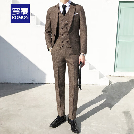 ROMON Peaky Blinders Shave Party Suit Men's Shelby Suit Tweed Groom Wedding Retro Three Pieces Khaki (Suit + Vest + Pants) M 48