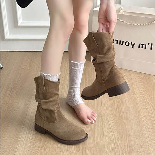 Landuo Retro Martin Boots Women's 2025 Winter New Versatile Western Cowboy Boots Thick Soled Height Chelsea Slim Boots Khaki Single Layer 38 (240mm) Standard Size Fat Feet Wide Foot One Size Larger