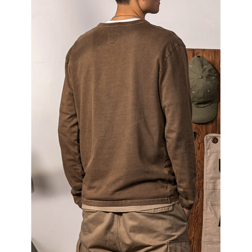 ACOO luxury American retro Henley shirt washed and distressed pure cotton Henley collar long-sleeved T-shirt men's solid color coffee bottoming shirt Brown M