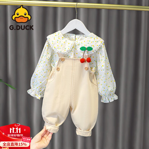 G.duck little yellow duck baby girl spring and autumn fashionable and sweet suit children's shirt overalls infant and toddler split two-piece set MC21 cherry denim suspender suit off-white 73 cm