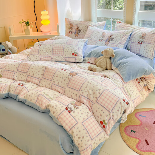 Langsha (langsha) autumn and winter plus velvet milk velvet bed four-piece set small fresh thick coral velvet sheet quilt cover three-piece bedding set pastoral rabbit + baby blue 1.8m bed sheet style four-piece set - quilt cover 200*230