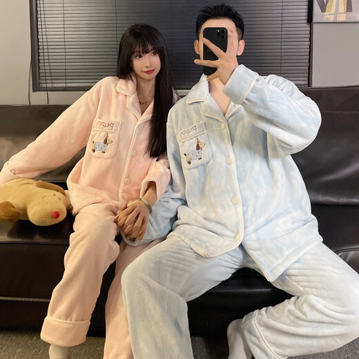 Modal Autumn and Winter Coral Fleece Couple Pajamas Women's Plus Velvet Thickened 2025 New Cartoon Dachshund Men's Home Clothes Set Dachshund Men's Blue * Women's Pink Couples need to take two sets L Female Recommended height 155-165c, weight 100-115Jin Jin equals 0.5 kg