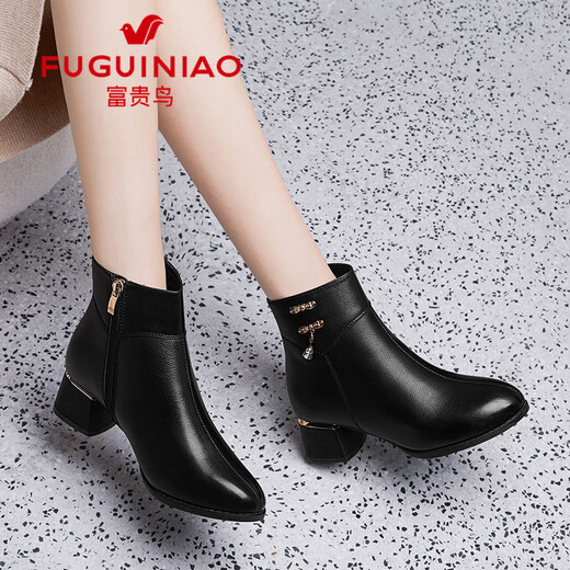 Fuguiniao short boots women's genuine leather mother's shoes autumn and winter plus suede leather shoes Martin boots black short velvet heel 4cm 38