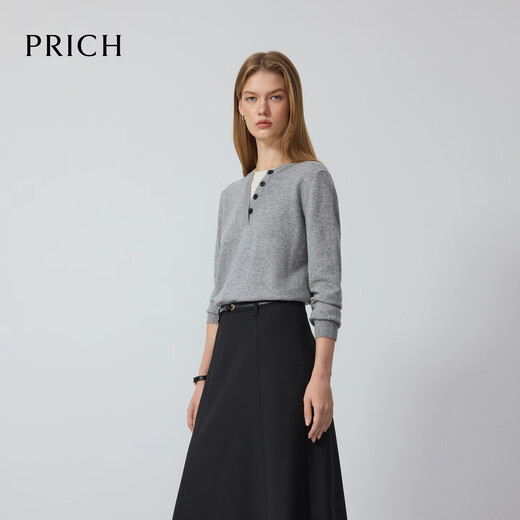 PRICH Fashionable Round Neck Fake Two-Piece Knitted Sweater 2025 Autumn Temperament Commuting Top Women Light Gray 155