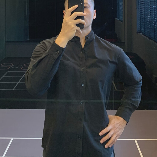 Urban commuting Japanese retro Henry collar cotton shirt long-sleeved T-shirt men's casual shirt black M