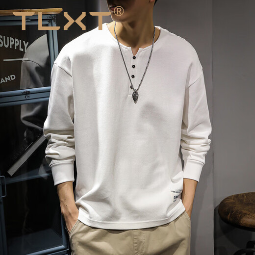 TLXT spring and autumn heavyweight inner wear men's long-sleeved T-shirt loose large size American fashion brand top Henry collar bottoming shirt sweatshirt white velvet XL suitable weight 145-160Jin Jin equals 0.5 kg