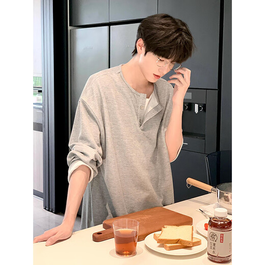 Gray fake two-piece long-sleeved Henley collar T-shirt for men, summer waffle sweatshirt, American sports inner layering shirt, light gray Henley shirt, cost-effective model M 105-120Jin Jin is equal to 0.5 kg
