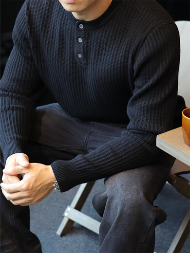 Men's 2025 new men's clothing simple antique texture long-sleeved henley sweater men's sweater old money black antique heavy jacquard texture M recommended 120 Jin Jin equals 0.5 kg One size