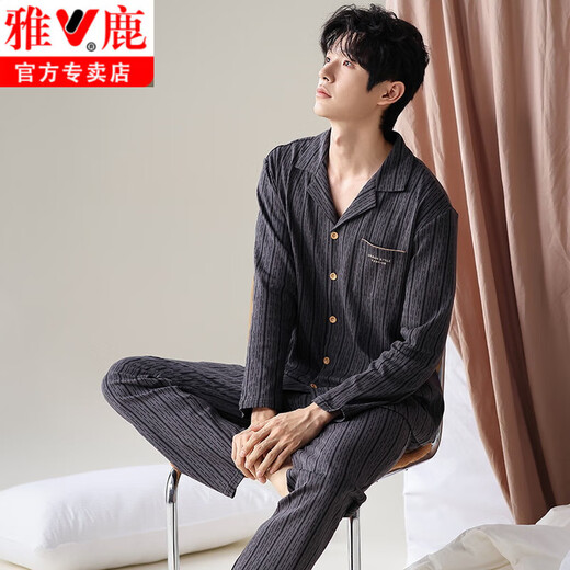 
Yalu 100% pure cotton pajamas men's autumn cardigan long sleeves trousers spring and autumn style teenagers large size home clothing set L12213 L (170)
