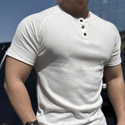 Summer casual American retro Henley shirt short-sleeved fitness tough guy T-shirt men's slim heavyweight thick threaded bottoming shirt Gray M Recommended weight 50-60kg