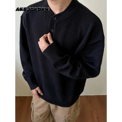 AKRJOKDKN old money style Henry collar sweater for men in autumn and winter, lazy style inner top, loose casual high-end sweater base, gray high quality XL
