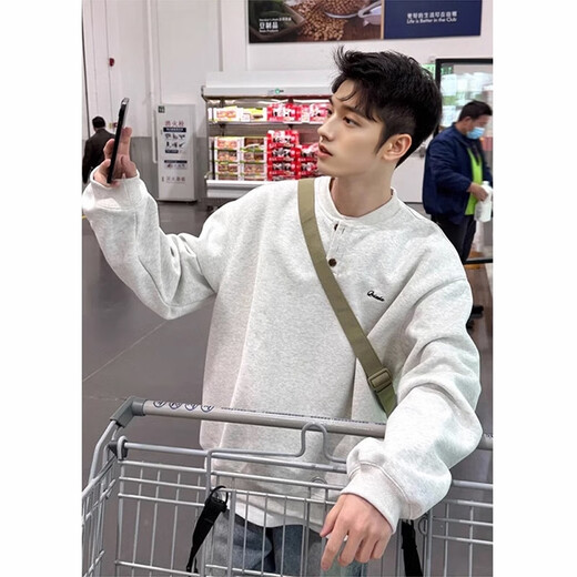 Henry collar sweatshirt men's spring and autumn hoodless American cleanfit bottoming shirt loose trendy brand long-sleeved T-shirt with spring white gray L