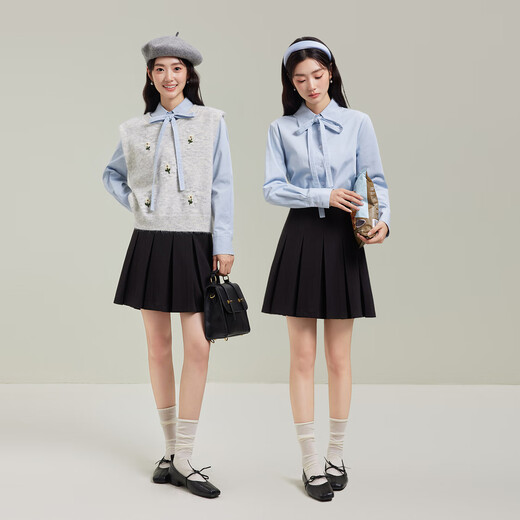 Tumando blue bow tie shirt women's autumn commuting high-end shirt long-sleeved interview workplace top blue M