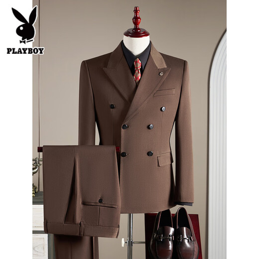 Playboy Double Breasted Wool Suit Men's Suit Business Formal High Quality Slim Plus Size Groom Wedding Suit Three Piece Black Suit+Trousers+Vest L (110-125Jin Jin equals 0.5kg)
