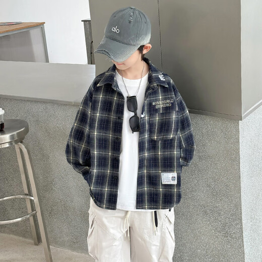 Xizai Pier Children's Clothing Boys' Shirts Spring and Autumn New Style Medium and Large Boys Casual Plaid Shirt Cardigan Thin Jacket Versatile and Trendy Navy 160