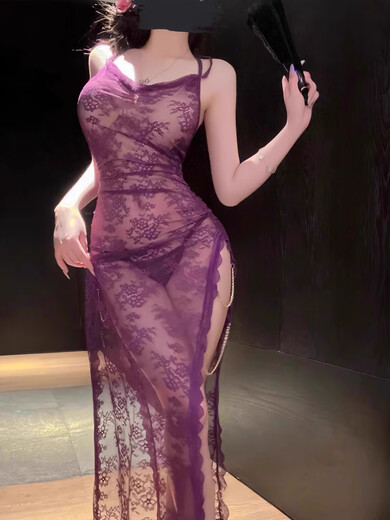 Kuangmo sexy qqny pajamas long lace transparent temptation looming cheongsam long skirt large size love and fun underwear blue nightgown + T pants one size fits all recommended 80-120 Jin Jin equals 0.5 kg