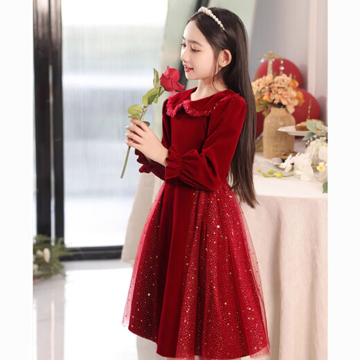 Disney Girls Dress Velvet Children's Skirt Red Princess Dress Host Performance Clothes Autumn and Winter Long Sleeve Plus Velvet Red Regular 130