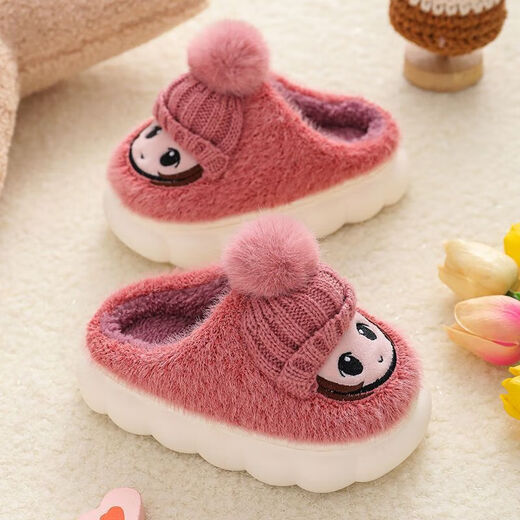 TKHE children's cotton slippers autumn and winter indoor soft-soled non-slip little girl's slippers cartoon cute warm plush cotton shoes children's cotton slippers leather red upgraded thickened model 30-31 size 19cm inner length recommended for 6-7 years old