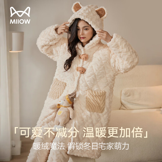 猫人女士睡衣女秋冬季三层夹棉珊瑚绒睡袍加绒加厚高端家居服2025新品