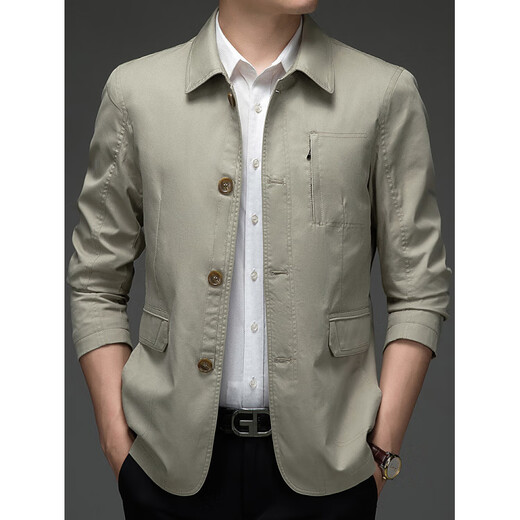 BESNOS spring and autumn pure cotton windbreaker men's short business casual middle-aged and elderly men's dad jacket thin jacket top light khaki M /170 (suitable for 110-135Jin Jin equals 0.5 kg)