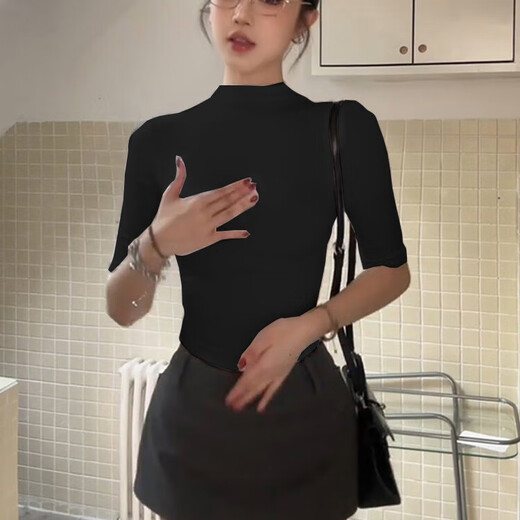 Miao Yijia black half-turtle collar bottoming shirt for women that can be worn as an inner layer and a foreign-style top for fall and winter new style T-shirt with a slim and high-end feel. Black half-turtle collar slim-fitting mid-sleeve bottoming shirt. One size fits all. Recommended 80-120 Jin Jin is equal to 0.5 kg.
