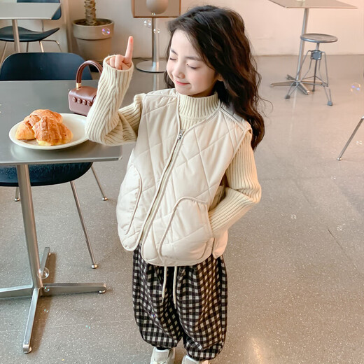 New children's school uniform waistcoat autumn and winter thin warm vest for boys and girls to wear inside and outside, medium and large children plus velvet waistcoat trendy off-white 130