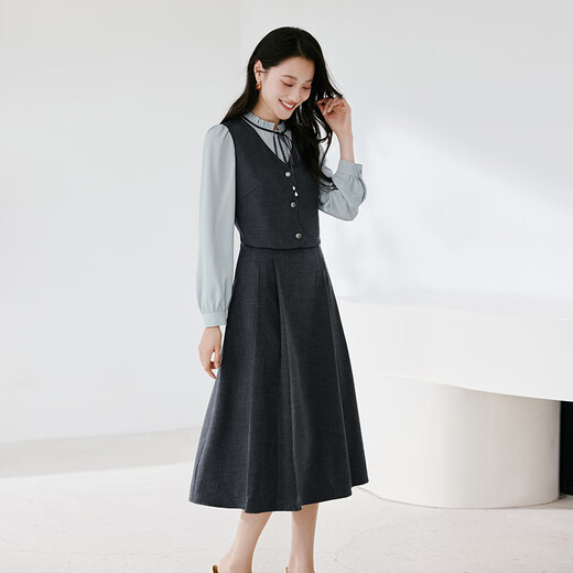 Xiangying francés Falso falso de dos piezas Vestido que abraza la cintura para mujeres 2025 Autumn New Stand Collar High Intelligence Suparing Falda de manga larga Gray M 160/84a/95-110Jin [Jin equivale a 0.5 kg]