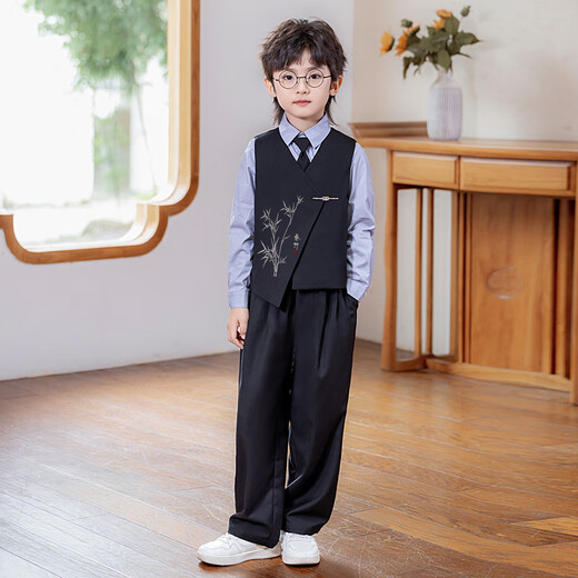 萝卜呗呗（LUOBOBEIBEI）儿童西装新中式男童国风马甲花童礼服男孩演出服 黑色四件套 110