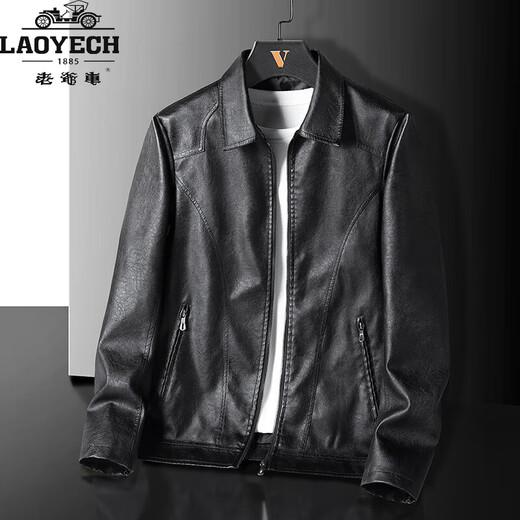 Classic car black leather jacket men's spring and autumn casual lapel trendy handsome jacket plus fat plus size fat man winter coat black regular M