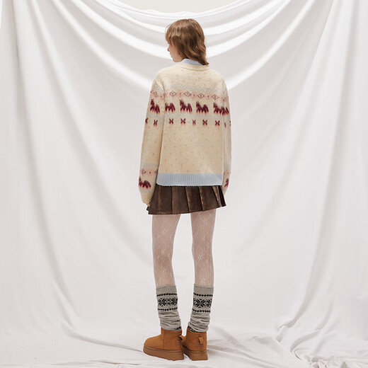 UNIFREE Fair Isle crew neck sweater classic retro jacquard loose lazy style soft waxy knitted top beige S