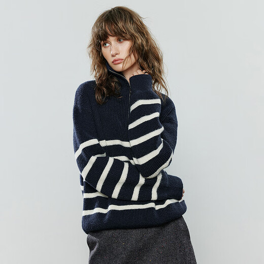 Chuyu Sweater Women's 2025 Winter New Striped Lapel Thick Warm Knitted Top Navy Blue White Striped L